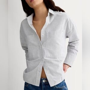 Everlane Shirt Womens Small White Black Gray Striped Button Boxy Oxford Pocket
